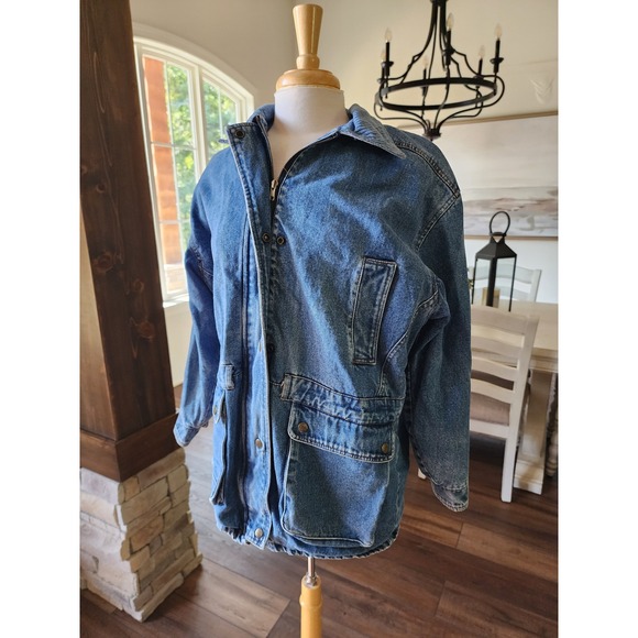 Vintage 80s Yearbook Denim Jacket Oversized Utility‎ Pockets Red Lined Medium - Picture 3 of 12